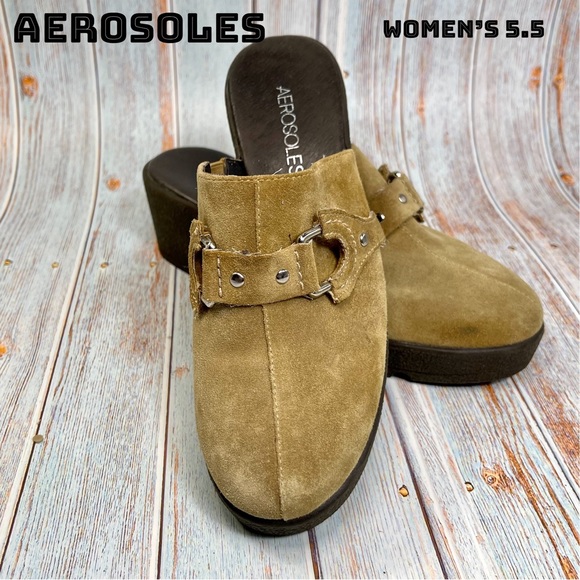 AEROSOLES Shoes Aerosoles Tan Brown Suede Harness Buckle Clog Mules